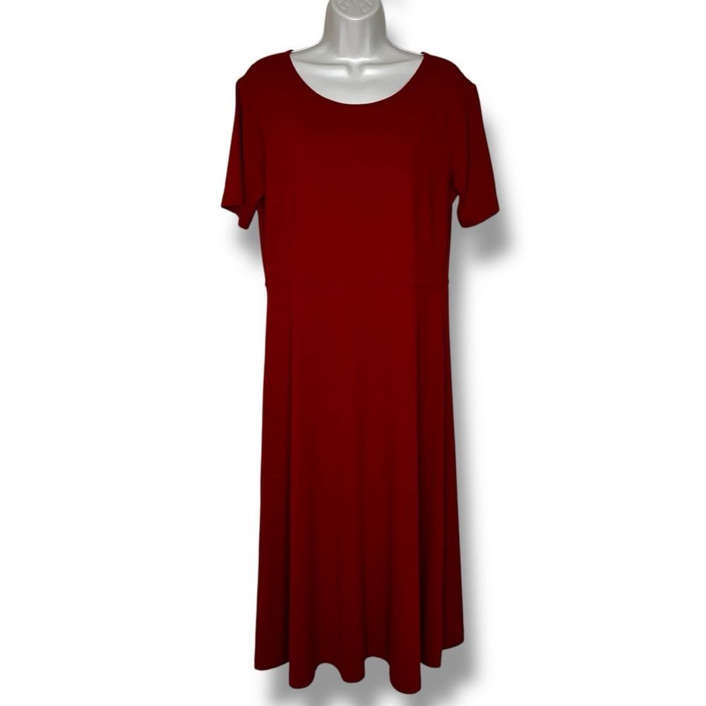 Lands End Red Fit & Flare Midi Dress Round Neck Short Sleeve Women Medium 10-12